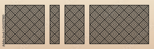 Laser cut panel set. Vector template with abstract geometric pattern, lines, stripes, grid. Decorative stencil for CNC cutting of wood, metal, plastic, paper, plywood. Aspect ratio 1:1, 1:4, 1:2, 3:2
