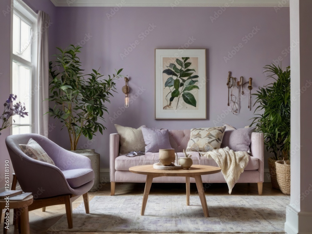 Fototapeta premium Lavender Living Room Interior Design With Plants