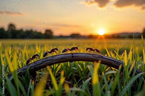 Four Ants Crossing a Wooden Branch at Sunset in a Lush Green Field