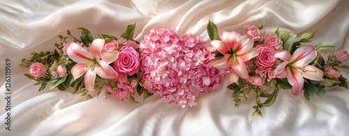A bouquet of pink flowers is arranged in a heart shape