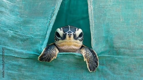 Baby Sea Turtle Emerging from Teal Net: A Close-Up Wildlife Portrait
