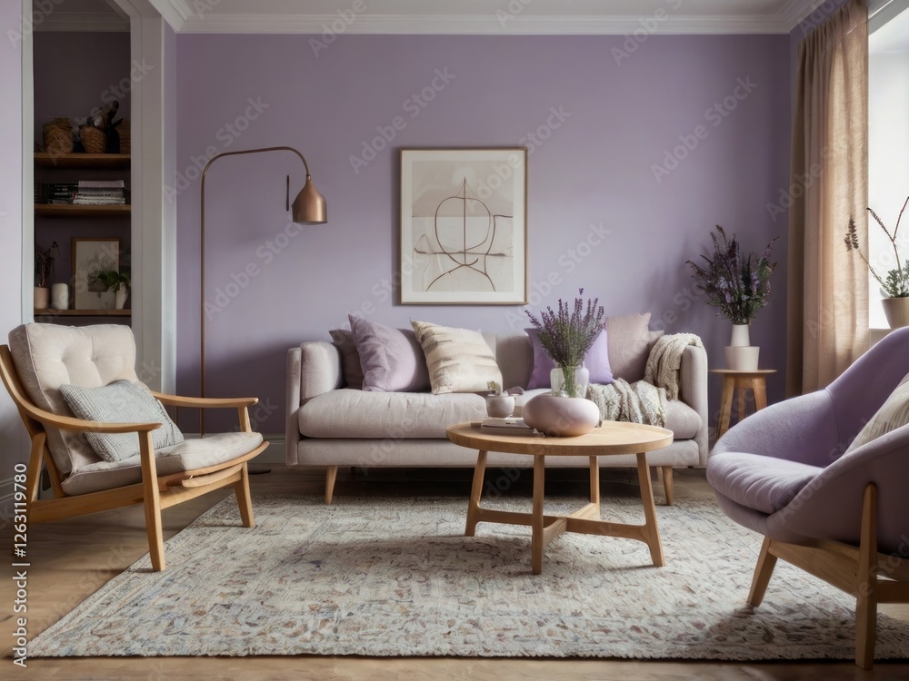 Fototapeta premium Lavender Living Room With Comfortable Seating And Decor