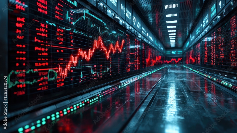 Red illuminated stock market displays line a futuristic corridor Red illuminated stock market displays line a futuristic corridor