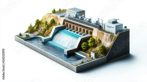 Cross-Section Illustration of a Hydropower Plant with Water Flow
 photo