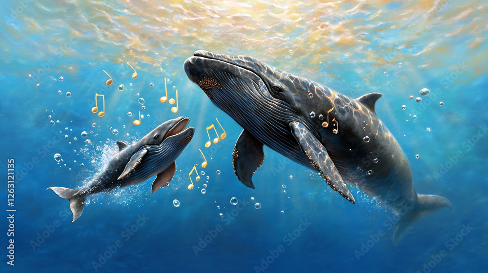 Fototapeta premium Majestic Underwater Encounter of a Mother Whale and Her Calf Singing Together in a Vibrant Ocean Landscape