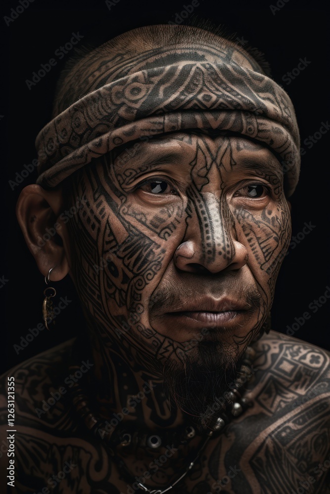 A tattooed man with a pensive expression and traditional adornments A tattooed man with a pensive expression and traditional adornments