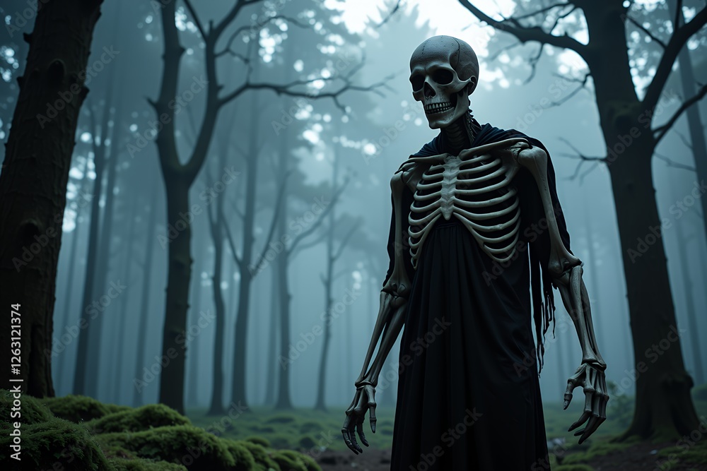 Skeleton in Black Robe Standing in a Misty Forest Halloween Spooky Supernatural Skeleton in Black Robe Standing in a Misty Forest Halloween Spooky Supernatural