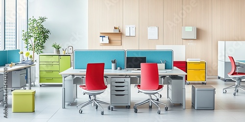 A photo of an office with desks, chairs and file cabinets arranged in rows on the floor