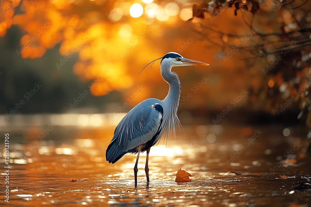Naklejka premium Majestic Heron in Autumnal Sunlight