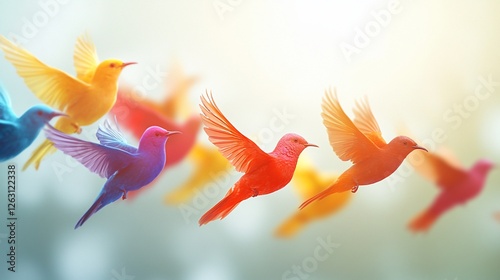 Colorful birds flying, sunlight, nature background, freedom concept photo