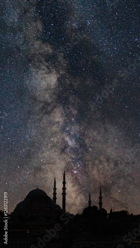 Silhouette of a mosque with the milky way. Ramadan or islamic concept photo