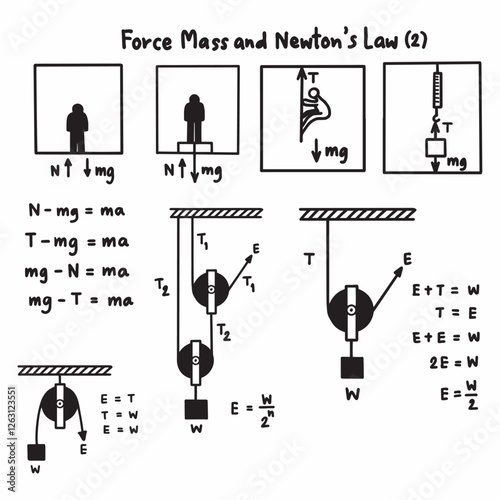Force mass Newton's laws physics handwritten illustrations