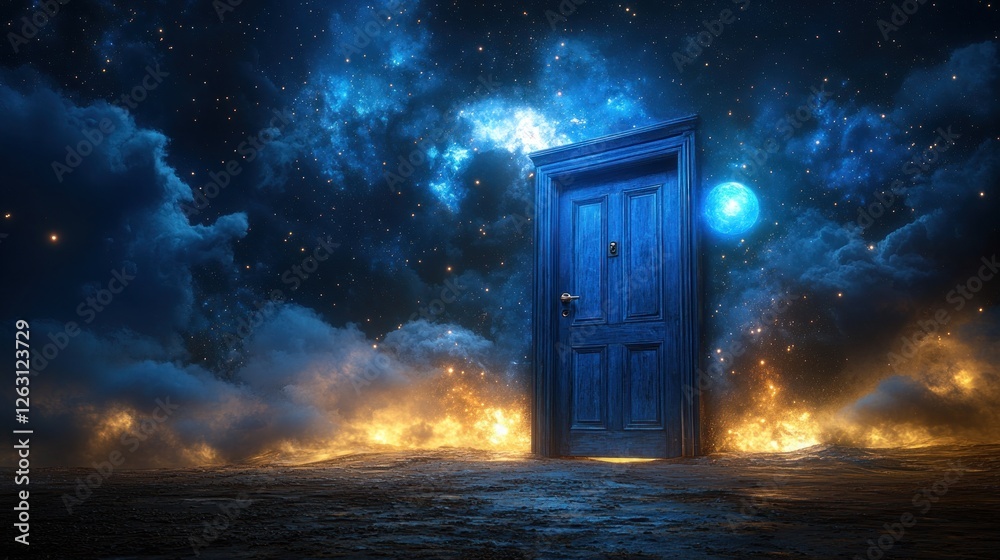 Mystical door, night sky, flames, fantasy, portal Mystical door, night sky, flames, fantasy, portal