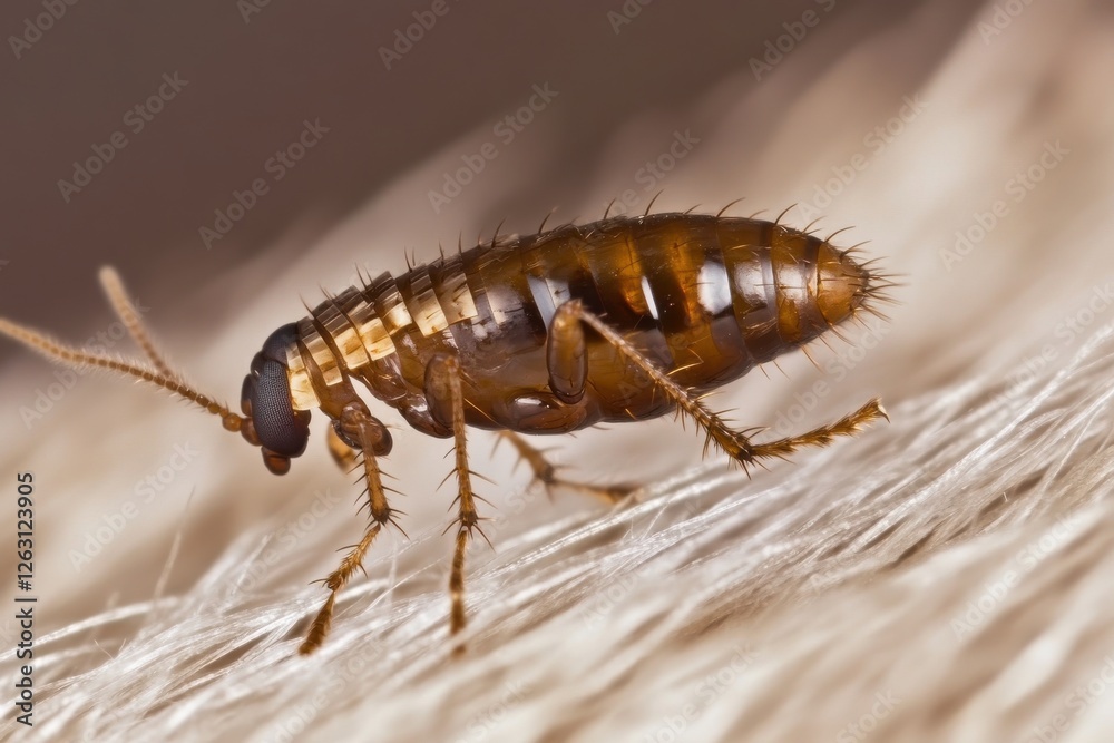 Detailed macro photograph capturing the intricate details of a brown flea, highlighting its segmented body and spiny legs, crawling on a soft, furry surface. Detailed macro photograph capturing the intricate details of a brown flea, highlighting its segmented body and spiny legs, crawling on a soft, furry surface.