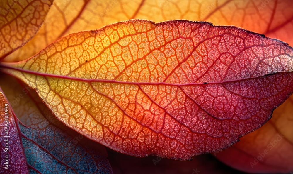 Obraz premium Close-up of vibrant leaves with intricate veins and warm tones against a dark background