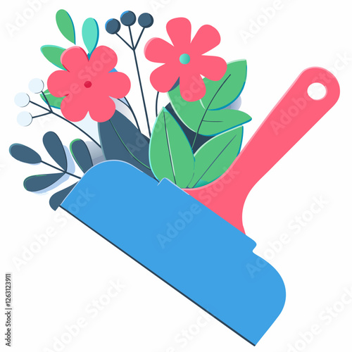 Colorful vector illustration of a paint scraper with a floral design