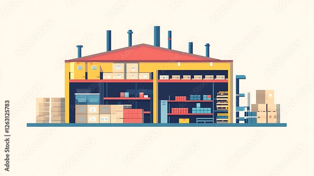 Warehouse interior and exterior view with multiple levels of stocked boxes and shelves. Warehouse interior and exterior view with multiple levels of stocked boxes and shelves.