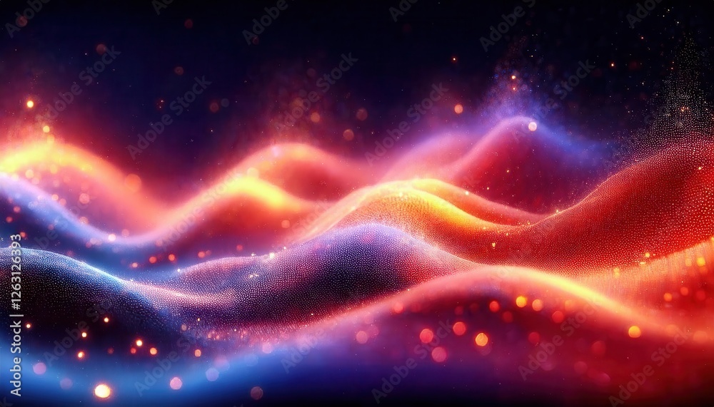 Fototapeta premium vibrant energy wave with glowing particles, fiery red and cool blue light trails, abstract digital art for futuristic background