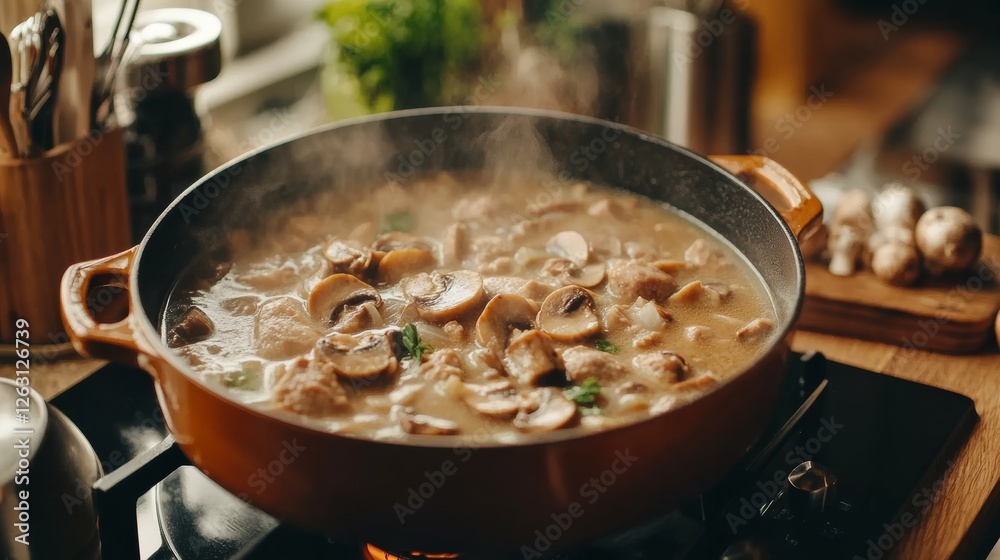 One-pot pork and mushroom soup simmering on a stovetop, with ingredients and ladle displayed beside, rustic kitchen background, One-pot pork and mushroom soup simmering on a stovetop, with ingredients and ladle displayed beside, rustic kitchen background,