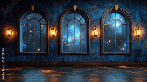Night Sky View, Palace Room, Dark Blue Walls, Starry Windows, Interior Design