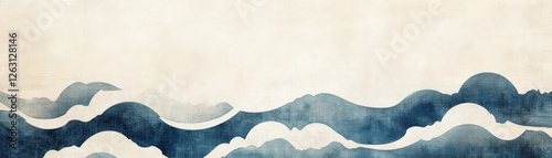 Stylized cloud formations and waves on softtextured washi, muted indigo and warm beige, traditional Japanese charm