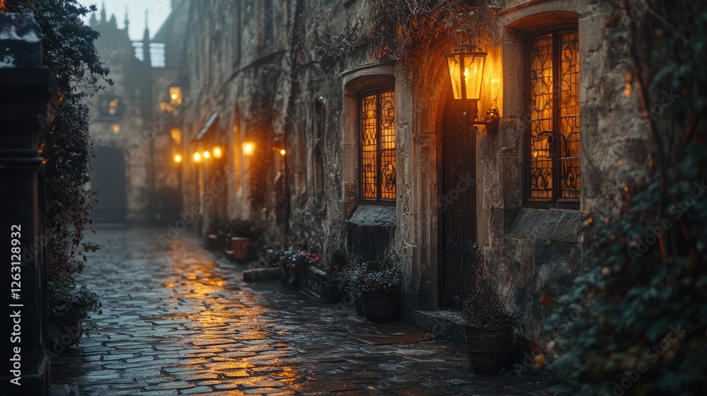 A misty cobblestone lane with illuminated buildings A misty cobblestone lane with illuminated buildings