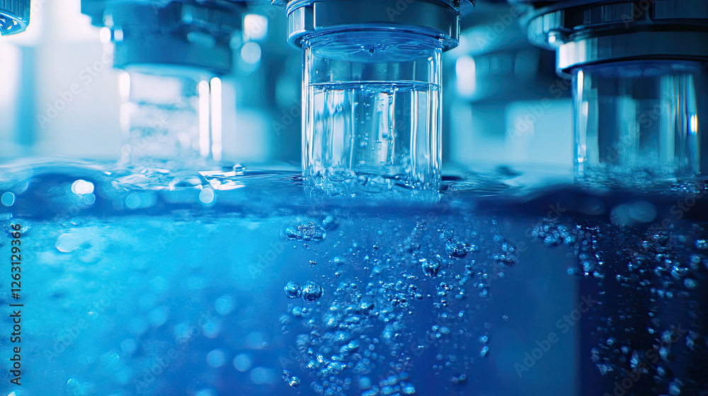 Bubbling Water in Laboratory Environment Under Bright Blue Lights Bubbling Water in Laboratory Environment Under Bright Blue Lights