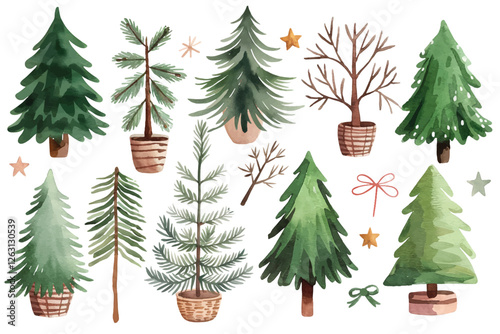 Watercolor Christmas Trees Set , Spruce and Pine Tree Illustration, Watercolor Christmas vector illustration, Christmas tree , illustration , t-shirt design, greeting card Sent clause