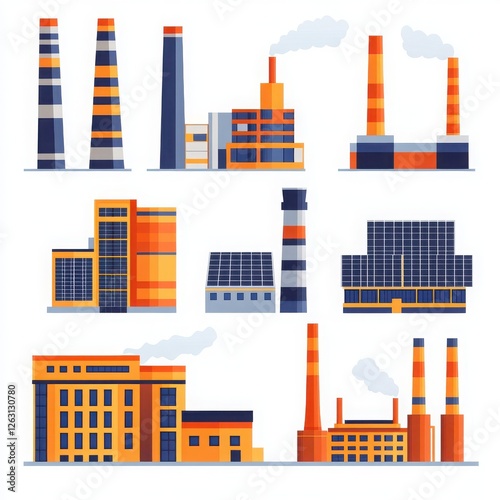 Colorful illustrations of various industrial buildings, featuring factories, smokestacks, and solar panels representing modern industry.