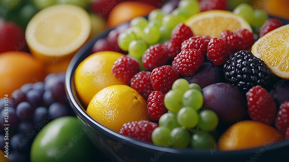 custom made wallpaper toronto digitalA vibrant bowl filled with assorted fresh fruits, including grapes, raspberries, blackberries, lemons, and oranges, showcasing a colorful and healthy selection.