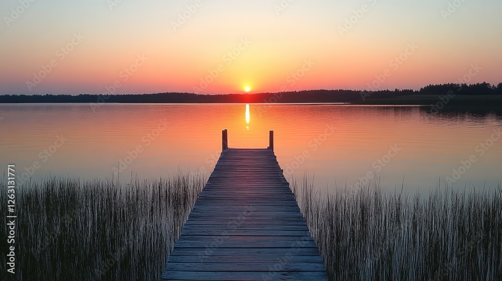Obraz premium Serene Sunset Over Calm Lake With Wooden Dock