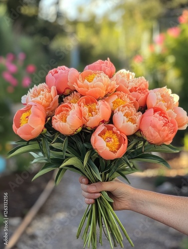 A person is holding a bouquet of orange peonies