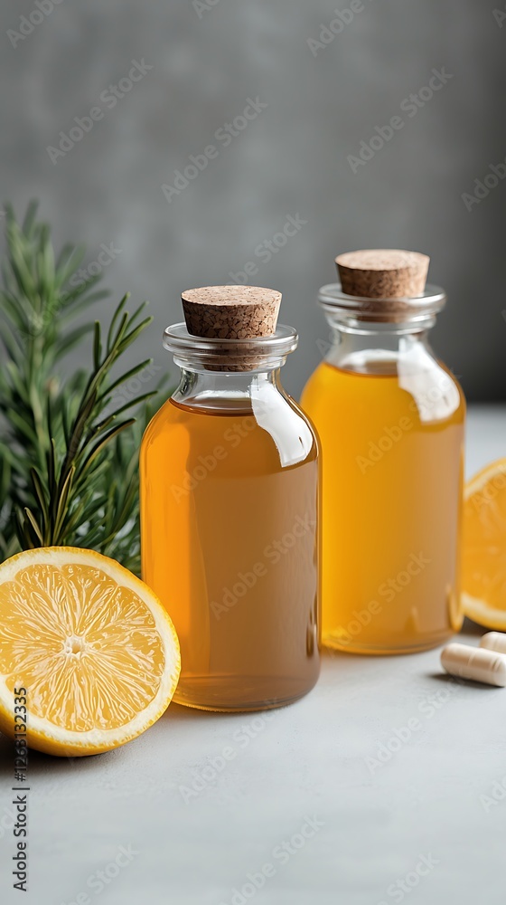 Two glass bottles filled with golden liquid, surrounded by fresh lemon slices and sprigs of rosemary on a neutral background. Two glass bottles filled with golden liquid, surrounded by fresh lemon slices and sprigs of rosemary on a neutral background.