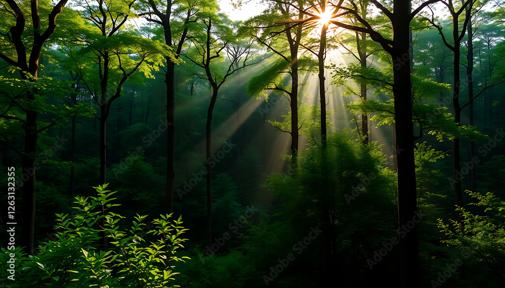 Naklejka premium Sunlit Forest Panorama with Lush Greenery and Sun Rays ,Scenic Woodland Landscape Background