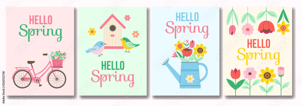 A set of four spring greeting cards with a bicycle, bird, flower vase A set of four spring greeting cards with a bicycle, bird, flower vase