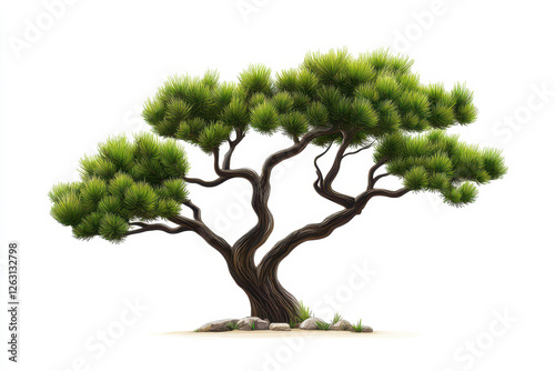 A beautiful bonsai tree showcasing intricate branches and vibrant green leaves. isolated on white background.