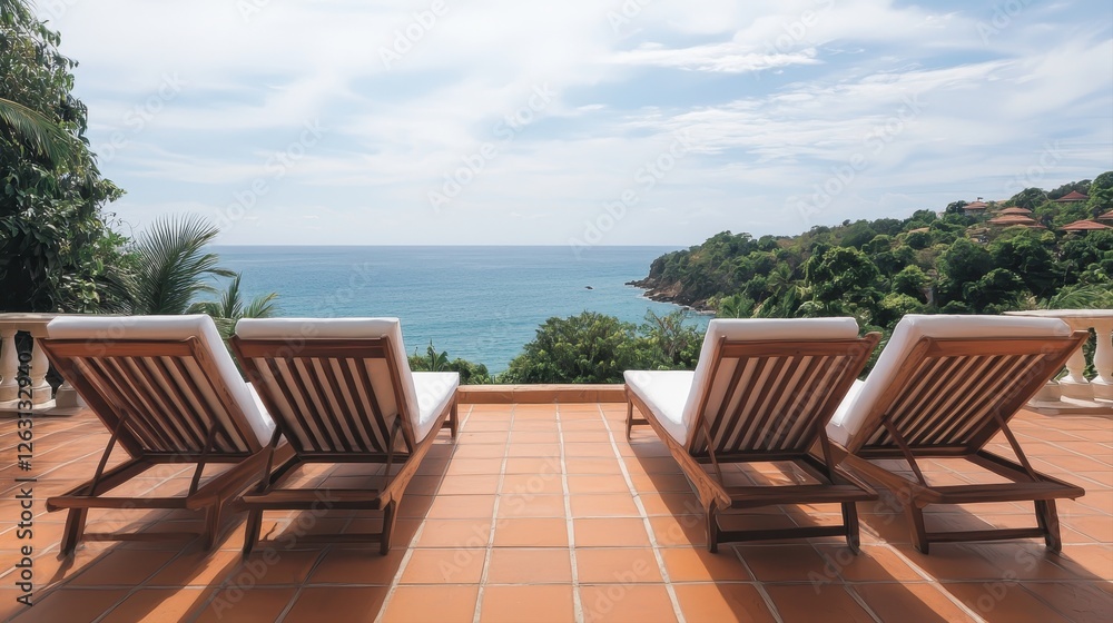 A serene view from a terrace featuring three sun loungers overlooking a tranquil sea and lush greenery under a cloudy sky. A serene view from a terrace featuring three sun loungers overlooking a tranquil sea and lush greenery under a cloudy sky.