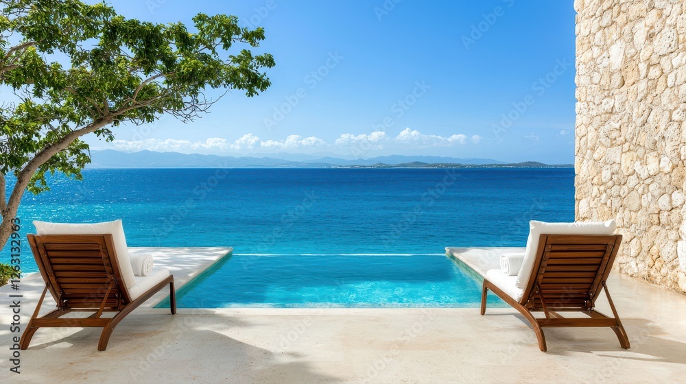 A serene view featuring two lounge chairs by a tranquil infinity pool overlooking a clear blue ocean and a sunny sky. A serene view featuring two lounge chairs by a tranquil infinity pool overlooking a clear blue ocean and a sunny sky.