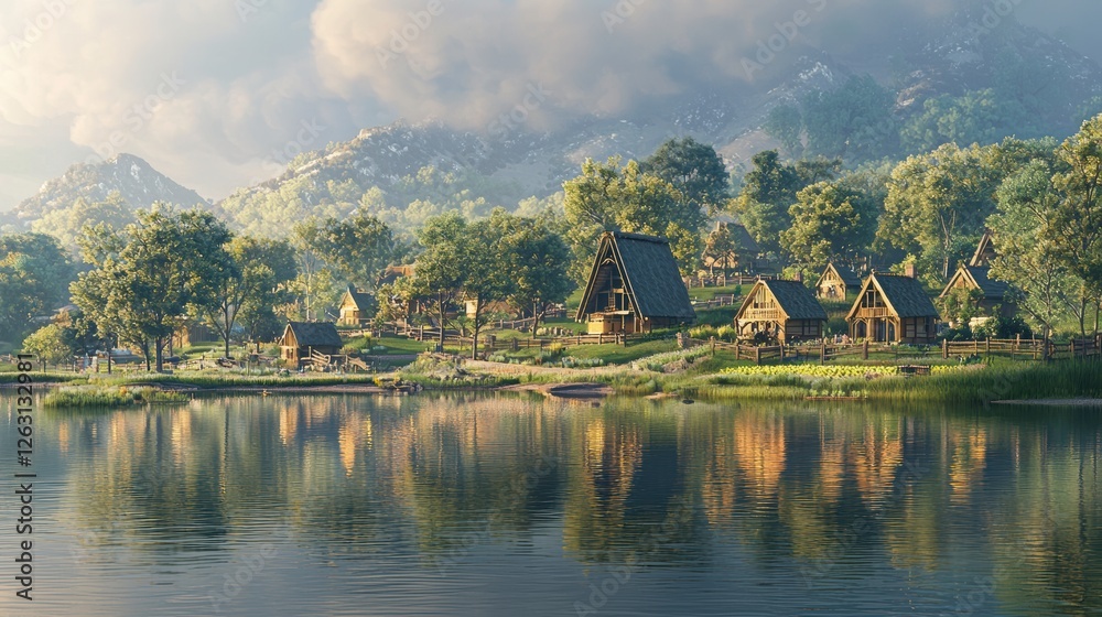 Fototapeta premium Golden Rays on a 3D Lakeside Hamlet