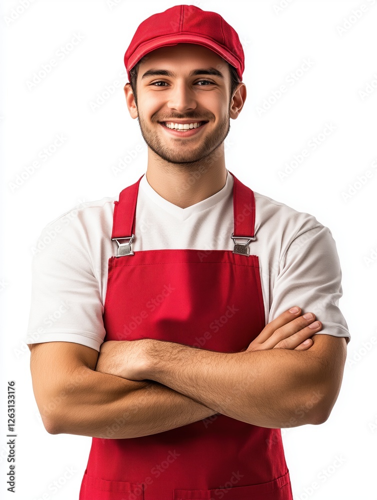 Happy fast food worker crossed arms, isolated on white background showcasing a friendly demeanor in a cheerful uniform Happy fast food worker crossed arms, isolated on white background showcasing a friendly demeanor in a cheerful uniform