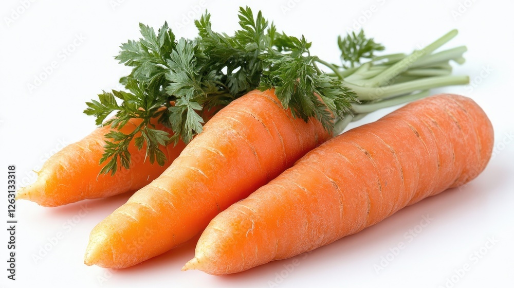Three fresh carrots with green tops are shown Three fresh carrots with green tops are shown
