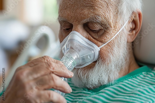 Elderly caucasian male using oxygen mask in hospital room setting