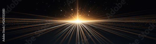 A captivating cosmic sunrise with radiant beams of light and distant stars.