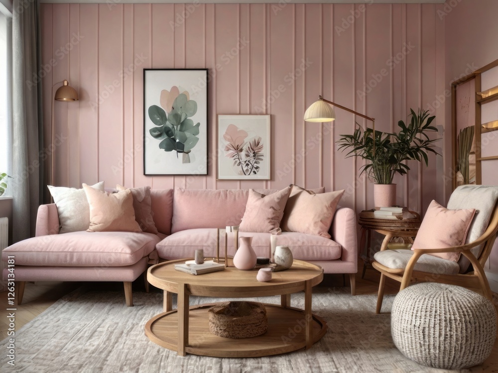 Fototapeta premium Pink Living Room Decor Featuring Sectional Sofa and Artwork