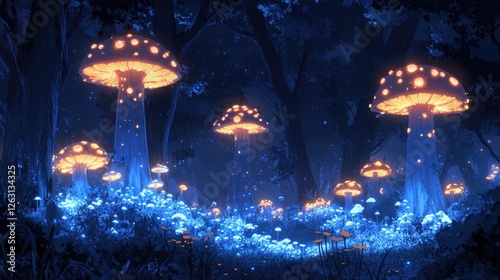 Bioluminescent Mushrooms Illuminate Dark Forest Night photo