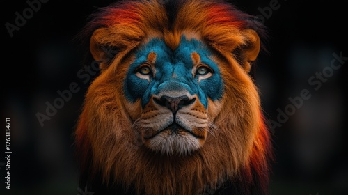 Painted Lion Portrait, Dark Background, Wildlife, Artwork photo