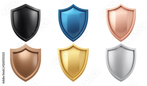 Shields various colors and materials, including black, blue, copper, gold, and silver, representing protection and security