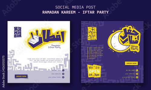 Social media template for ramadan iftar party with cartoon design and arabic typography