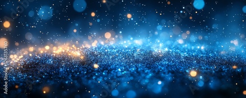 A stunning cosmic scene featuring a sparkling galaxy with vibrant blue and golden lights shimmering against a dark background.
