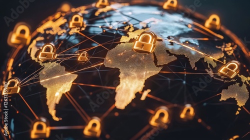 Global Network Security: A Futuristic Illustration of Interconnected Padlock Icons on a Digital World Map
